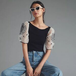 Maeve by Anthropologie Silk Puff-Sleeve Sweater Top - Black/White - Size XS